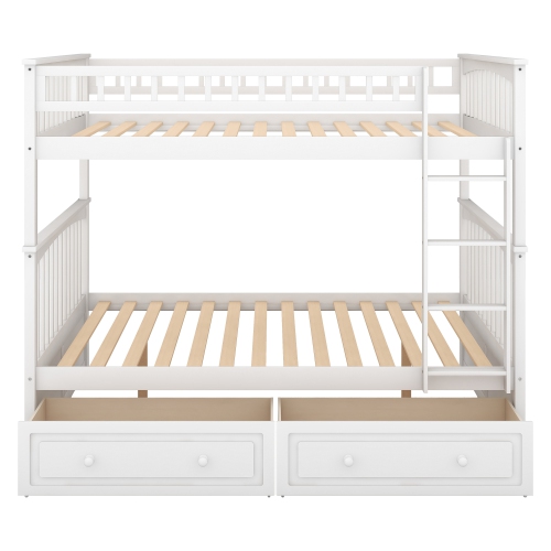 Full over Full Bunk Bed with Drawers, Convertible Beds, White