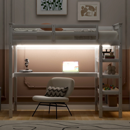 Twin Loft Bed w/ Storage, Desk & LED Light - White