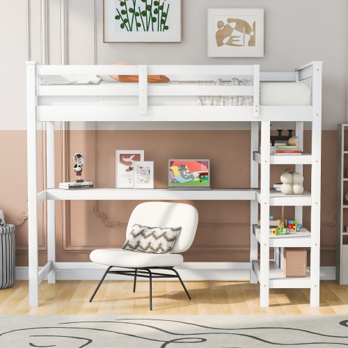 Twin Loft Bed w/ Storage, Desk & LED Light - White