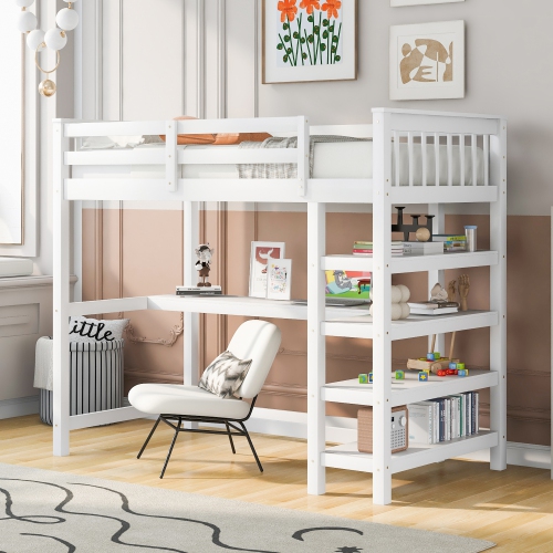 Twin Loft Bed w/ Storage, Desk & LED Light - White
