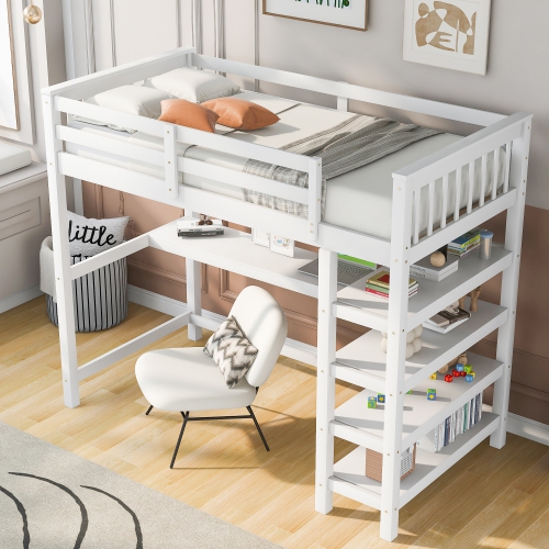Twin Loft Bed w/ Storage, Desk & LED Light - White