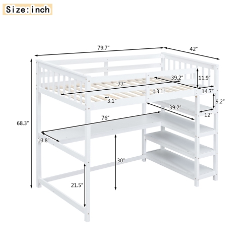 Twin Loft Bed w/ Storage, Desk & LED Light - White