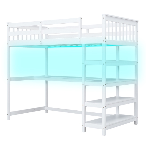 Twin Loft Bed w/ Storage, Desk & LED Light - White