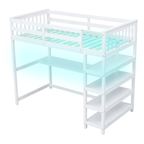 Twin Loft Bed w/ Storage, Desk & LED Light - White