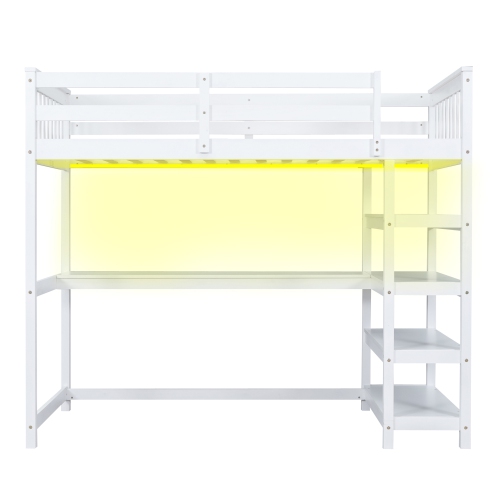 Twin Loft Bed w/ Storage, Desk & LED Light - White