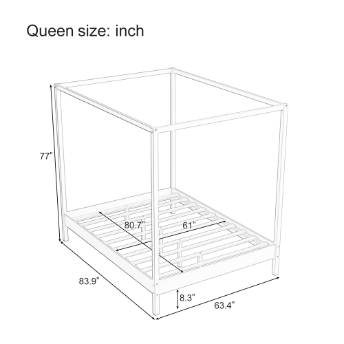 Queen Solid Wood Canopy Bed Frame - Platform, Slats, Natural