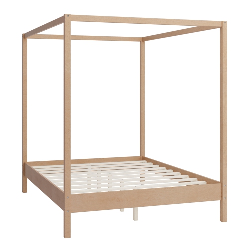 Queen Solid Wood Canopy Bed Frame - Platform, Slats, Natural