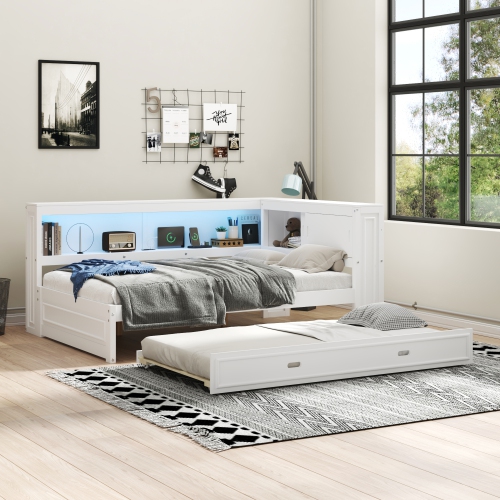 Full Size Wood Daybed with Storage Shelves, USB, LED, and Trundle, White