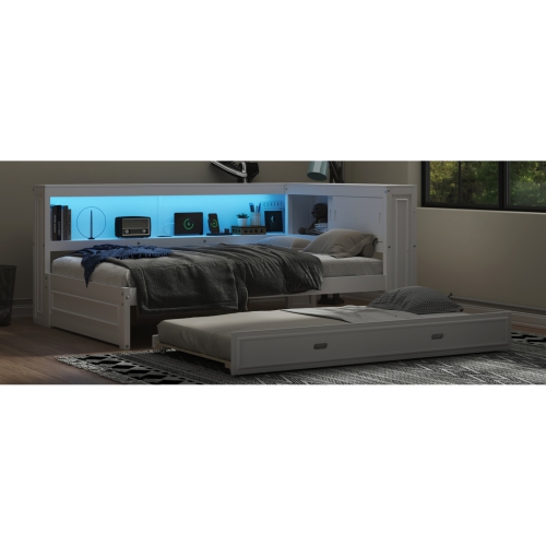 Full Size Wood Daybed with Storage Shelves, USB, LED, and Trundle, White