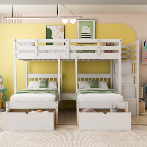 White Wood Triple Bunk Bed w/ Drawers & Rails