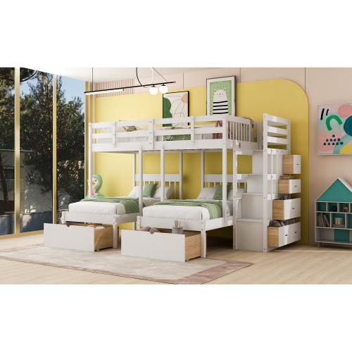 White Wood Triple Bunk Bed w/ Drawers & Rails