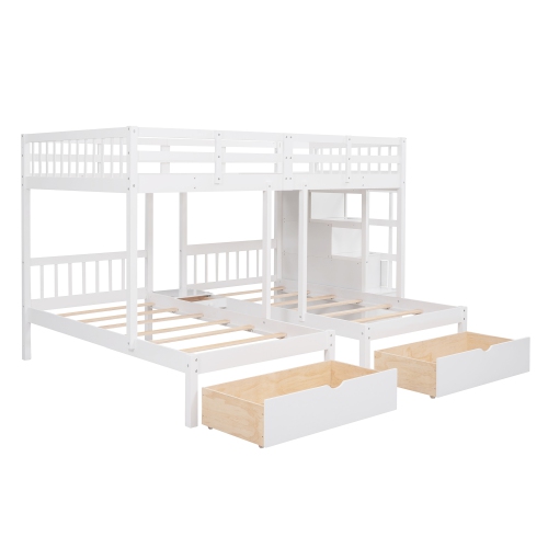 White Wood Triple Bunk Bed w/ Drawers & Rails
