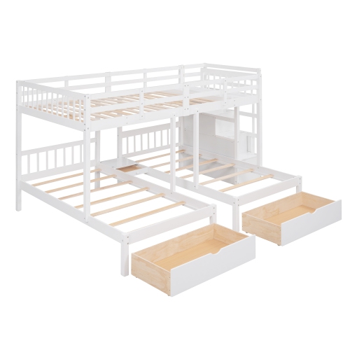 White Wood Triple Bunk Bed w/ Drawers & Rails