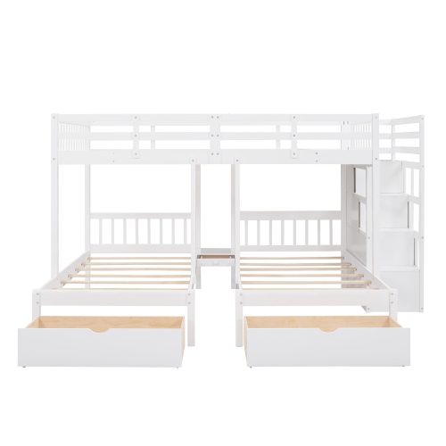 White Wood Triple Bunk Bed w/ Drawers & Rails
