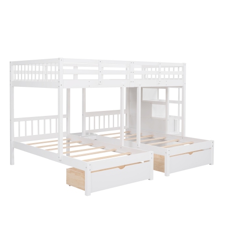 White Wood Triple Bunk Bed w/ Drawers & Rails