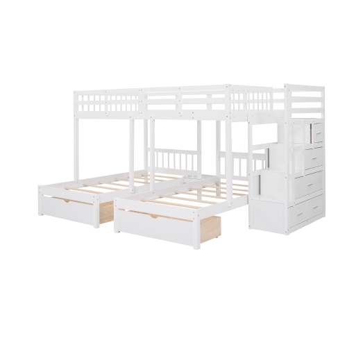 White Wood Triple Bunk Bed w/ Drawers & Rails