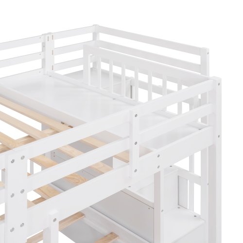 White Wood Triple Bunk Bed w/ Drawers & Rails