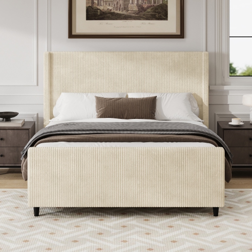 Queen Corduroy Wingback Bed Frame - 50.7" High Headboard, Cream