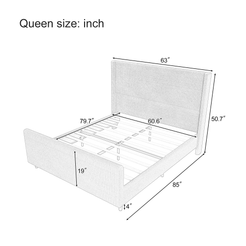 Queen Corduroy Wingback Bed Frame - 50.7" High Headboard, Cream