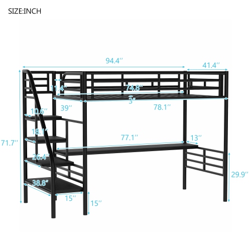 Metal Loft Bed Frame with Desk and LED Light, No Box Spring Needed,Twin ,Black