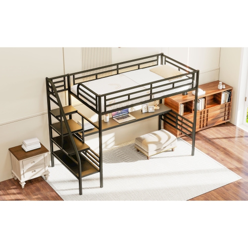 Metal Loft Bed Frame with Desk and LED Light, No Box Spring Needed,Twin ,Black
