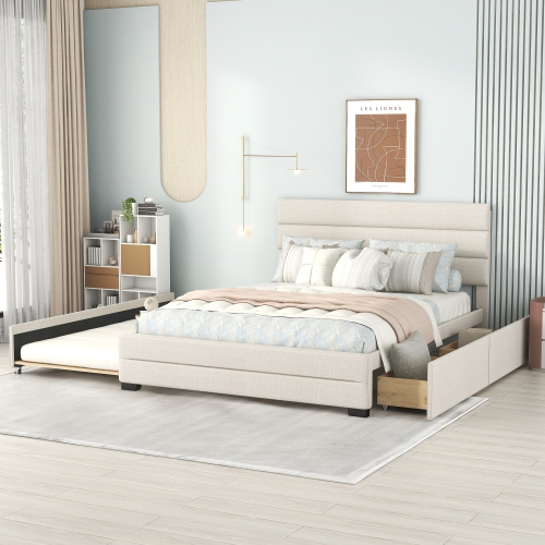 STREAMDALE FURNITURE  Queen Upholstered Platform Bed With Twin Size Trundle And Two Drawers In Beige
