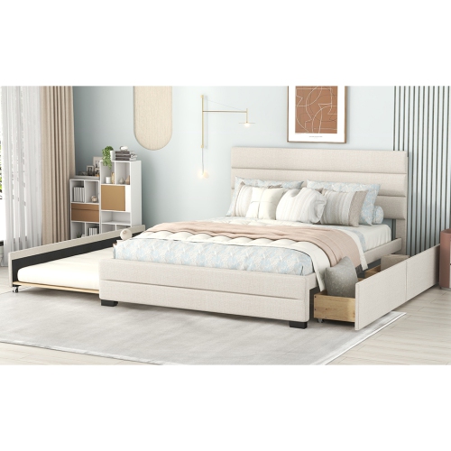 Queen Upholstered Platform Bed with Twin Size Trundle and Two Drawers, Beige