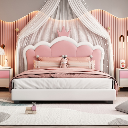Princess Bed with Crown Headboard - Full Size, Cream+Pink