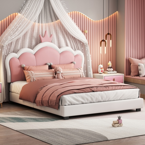 Princess Bed with Crown Headboard - Full Size, Cream+Pink