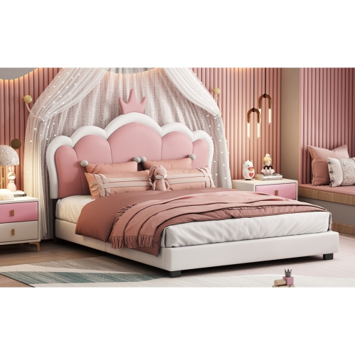 Princess Bed with Crown Headboard - Full Size, Cream+Pink