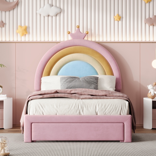 Twin Velvet Rainbow Bed w/ Storage - Princess Platform, Pink