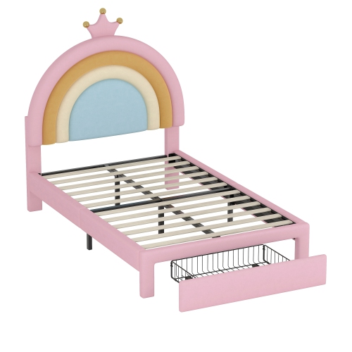 Twin Velvet Rainbow Bed w/ Storage - Princess Platform, Pink