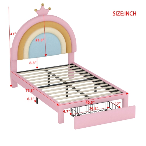 Twin Velvet Rainbow Bed w/ Storage - Princess Platform, Pink