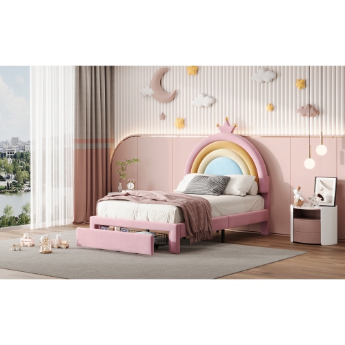 Twin Velvet Rainbow Bed w/ Storage - Princess Platform, Pink