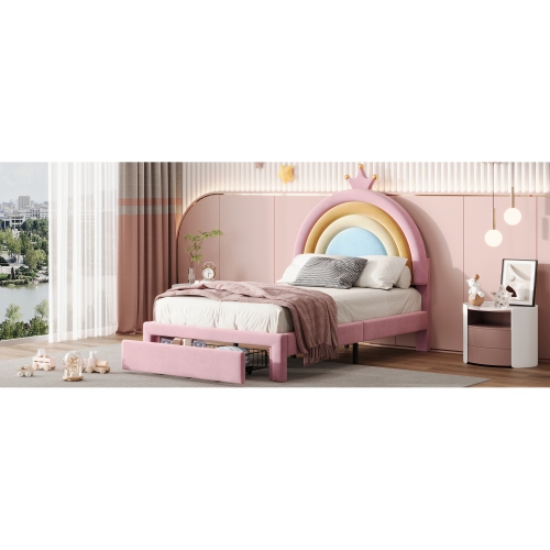 Twin Velvet Rainbow Bed w/ Storage - Princess Platform, Pink