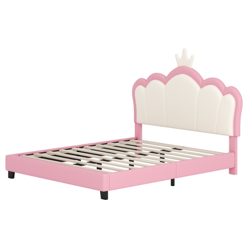Princess Bed with Crown Headboard - Full Size, Cream+Pink