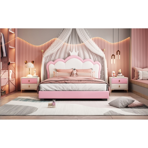 Princess Bed with Crown Headboard - Full Size, Cream+Pink
