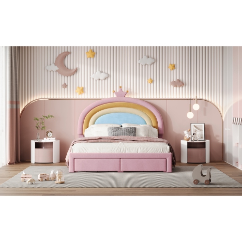 Rainbow Velvet Platform Bed w/ Storage - Full Size, Pink