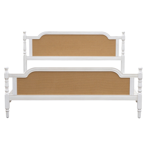 Traditional Style Rattan King Size Bed Frame,No Box Spring Needed,Antique White