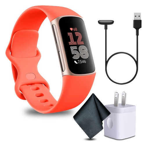 Fitbit Charge 6 Fitness Tracker Smartwatch, Gold Case w/ Coral Bundle