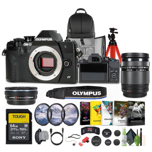 Olympus OM-D E-M10 Mark IV Mirrorless Digital Camera with 14-42mm and 40-150 mm Lens + 3PC MC PRO FILTER KIT UV/CPL/F 37MM + 64GB SF-M Tough Series