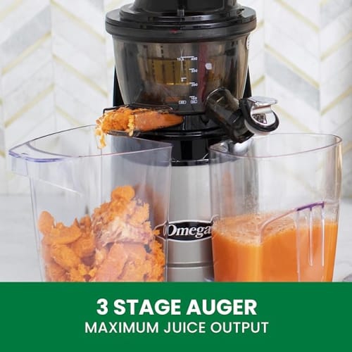 Omega Juicers MMV700S MegaMouth Vertical Low Speed Quiet Juicer with Smart Cap Spout Tap, Silver - 240-Watt(Brand-New)