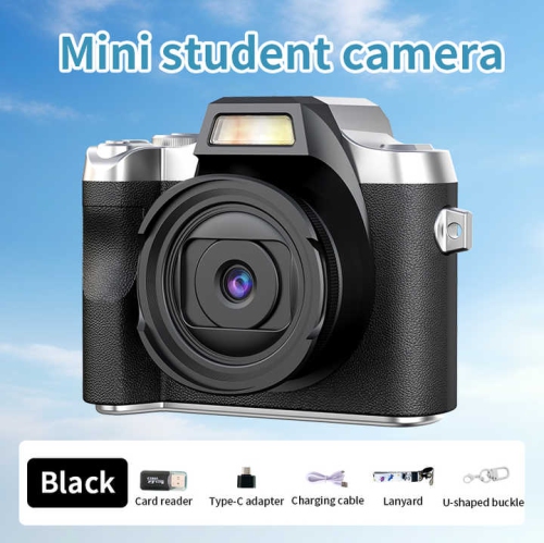 HD digital camera small SLR student party selfie video portable mini CCD camera retro fashion digital camera 4K HD - black + 32G memory card + card