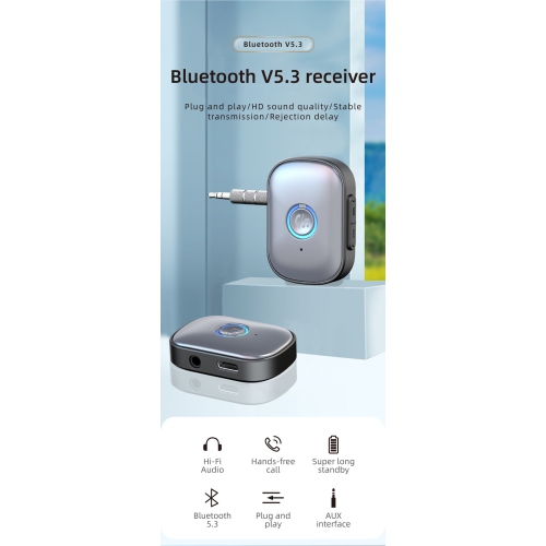 Récepteur Bluetooth adaptateur audio pour l'auto mains libres HD récepteur d'auto longue autonomie auxiliaire - W1 - gris argenté