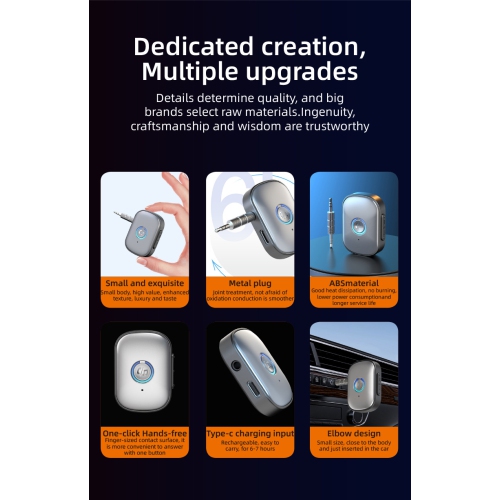 Récepteur Bluetooth adaptateur audio pour l'auto mains libres HD récepteur d'auto longue autonomie auxiliaire - W1 - gris argenté