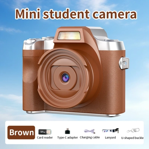 HD digital camera small SLR student party selfie video portable mini CCD camera retro fashion digital camera 4K HD - brown + 32G memory card + card