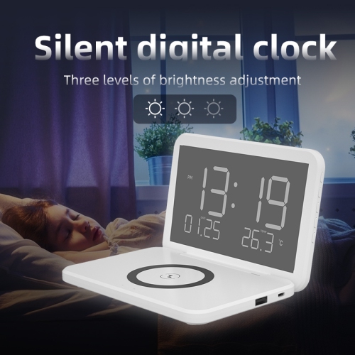 15W foldable wireless charging alarm clock | White smart electronic clock + perpetual calendar + temperature display Multi-device compatible with