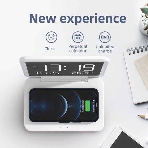 15W foldable wireless charging alarm clock | White smart electronic clock + perpetual calendar + temperature display Multi-device compatible with