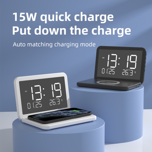 15W foldable wireless charging alarm clock | White smart electronic clock + perpetual calendar + temperature display Multi-device compatible with