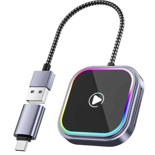 Adaptateur CarPlay sans fil 2-en-1 pour iPhone et Android, éclairage réactif audio, clé CarPlay d'Apple et adaptateur pour l'auto Android, taille